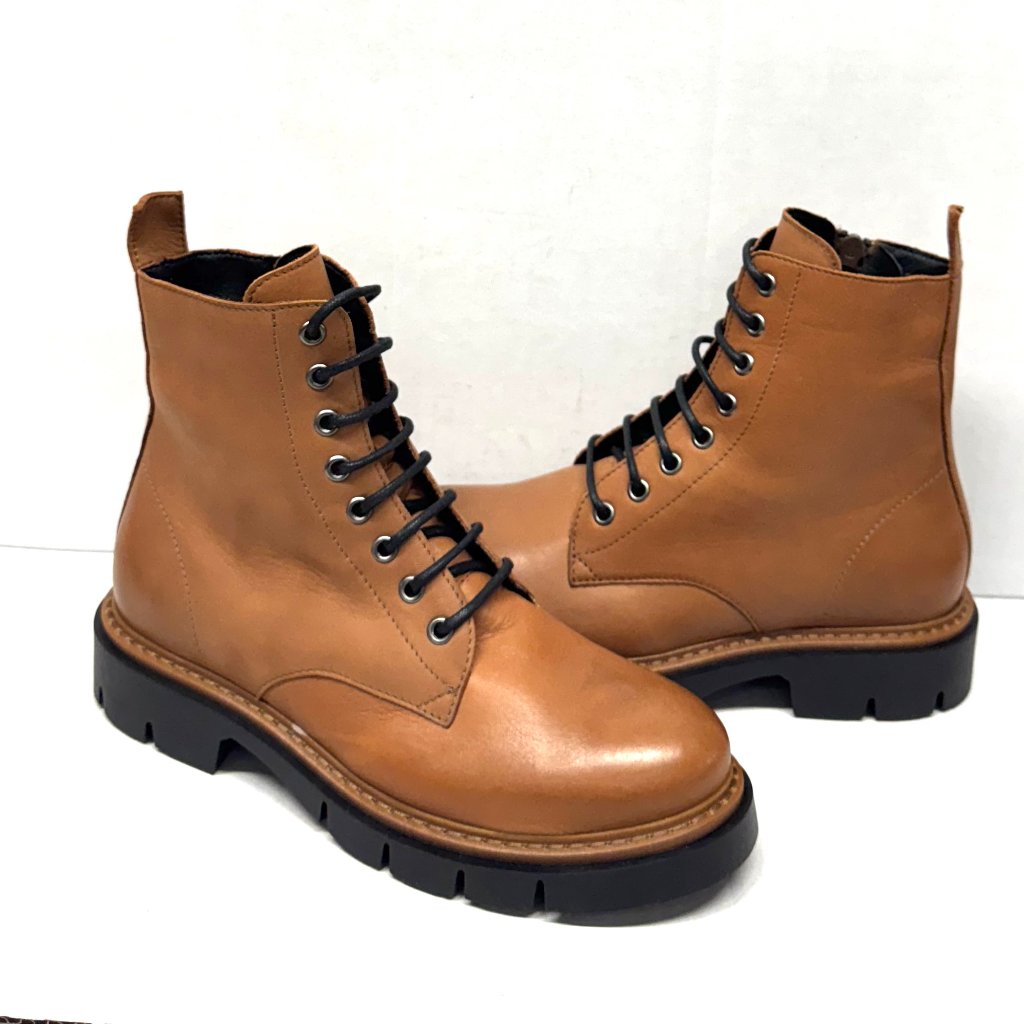 Miz Mooz Leather Boots Lace Up Side Zip Brandy 37eu / 7us New # Z-61